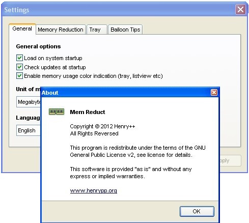 Mem Reduct floating statistics panel with live RAM percentage and megabyte counters