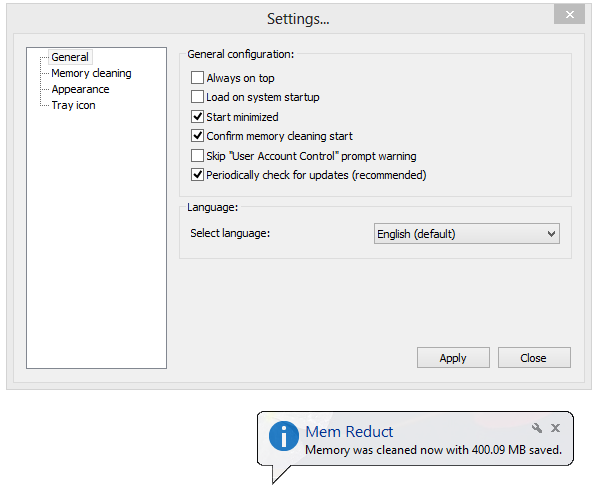 Mem Reduct settings sheet with automatic cleanup interval and threshold sliders