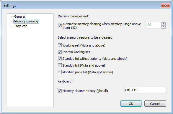 Mem Reduct memory regions list showing working set, system cache, and standby list sizes