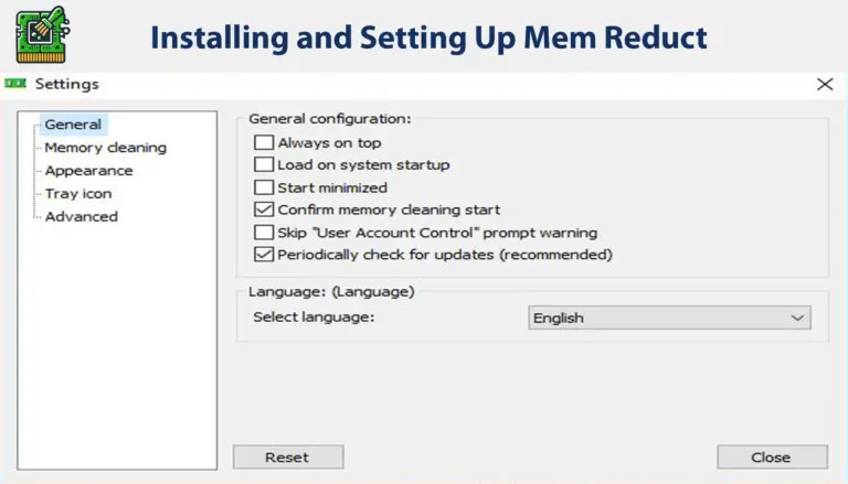 Mem Reduct installer wizard welcome screen with language and destination folder options