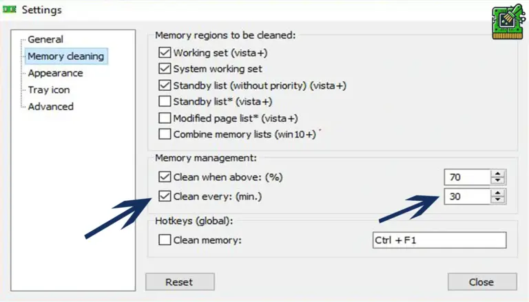 Mem Reduct Clean every option set to thirty minute scheduled memory purge
