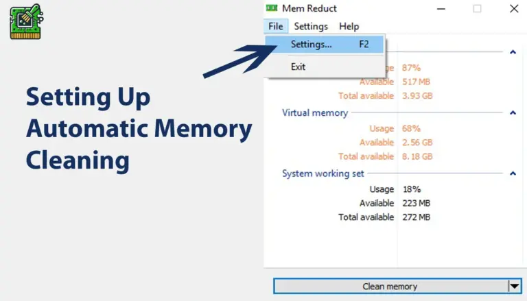 Windows Mem Reduct File menu expanded with Settings entry selected