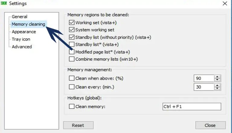 Mem Reduct Settings dialog open on Memory cleaning tab with region checkboxes