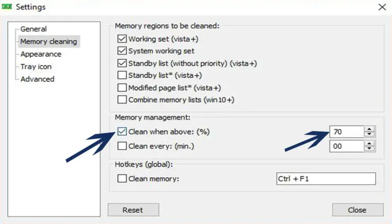 Mem Reduct Clean when above checkbox enabled at seventy percent RAM usage